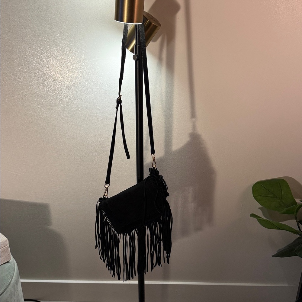 NWT Gorgeous black suede Linea Pelle Black Fringe small shoulder bag‎